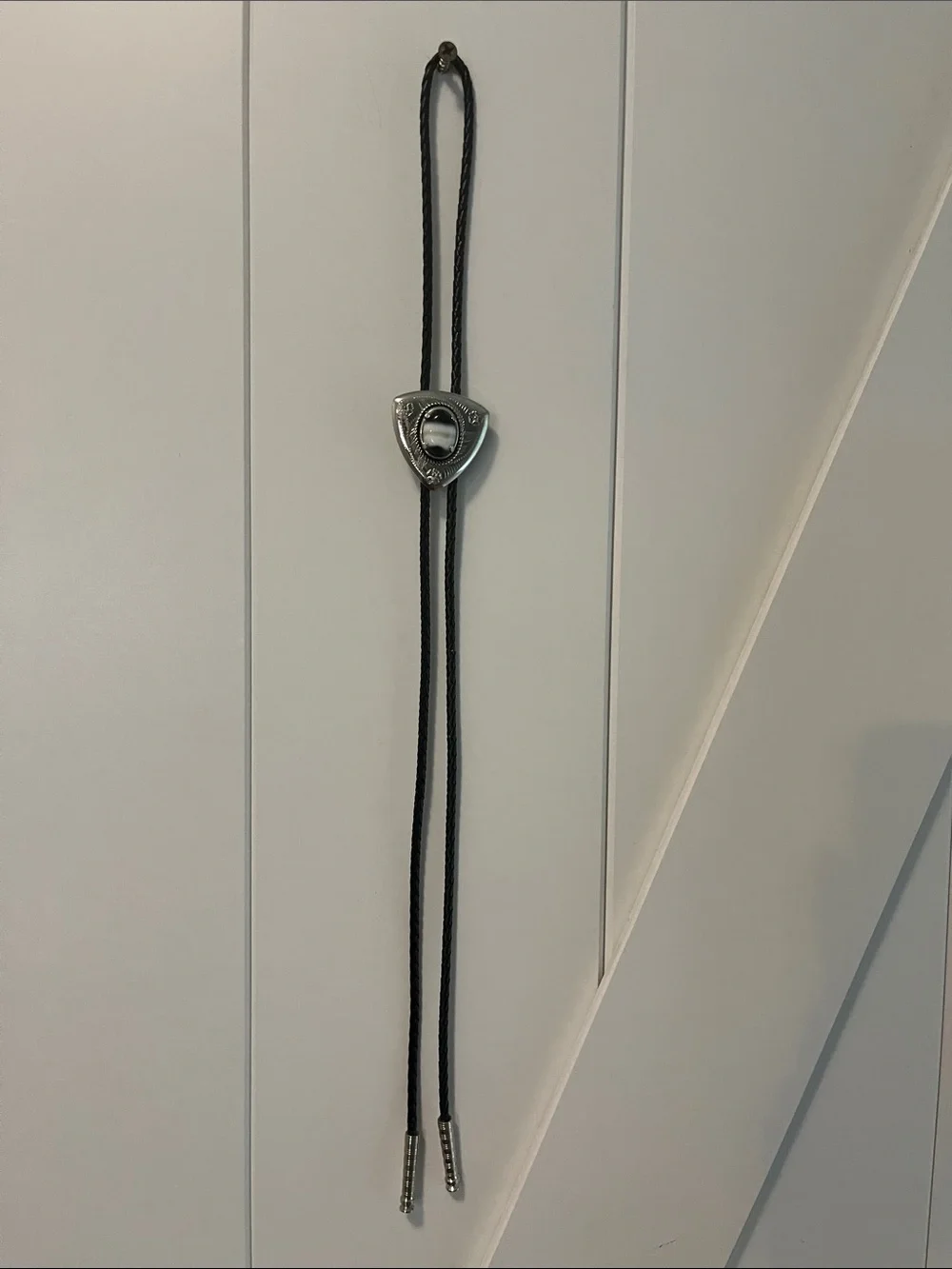 Black Braided Leather Bolo Tie with Silver Tone Stone Slide - Picture 2 of 5